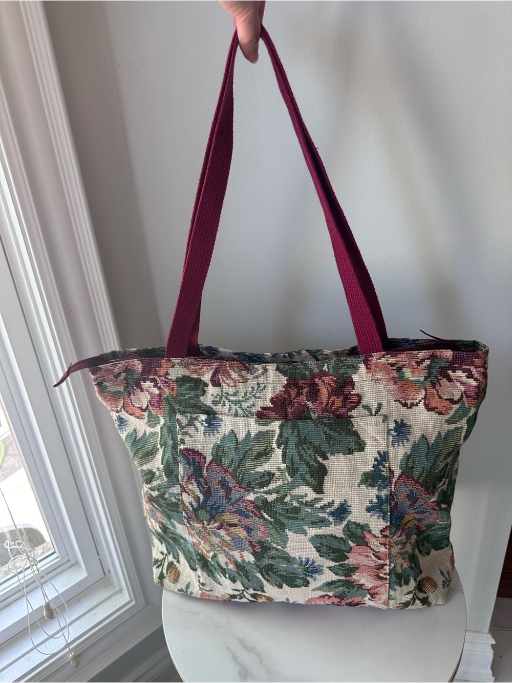 VINTAGE HANDMADE TAPESTRY TOTE BAG Handbag Purse Floral Red Cream Liz Poulton
